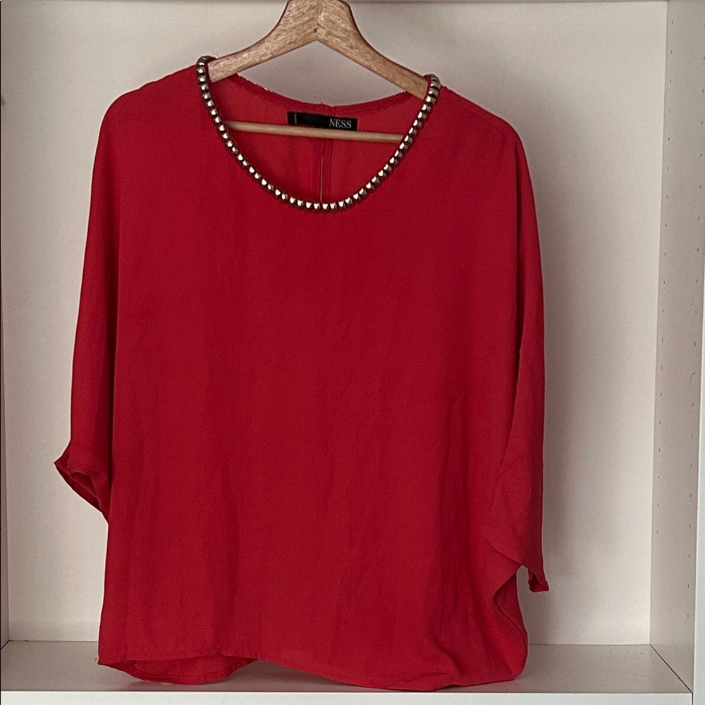 Elegant Red Blouse with Beaded Neckline